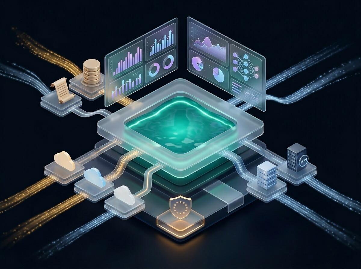 Smart Data Lake on IONOS: isometric illustration showing data flowing from enterprise sources through a sovereign European cloud infrastructure into a glowing data lake, with analytics dashboards and AI outputs above